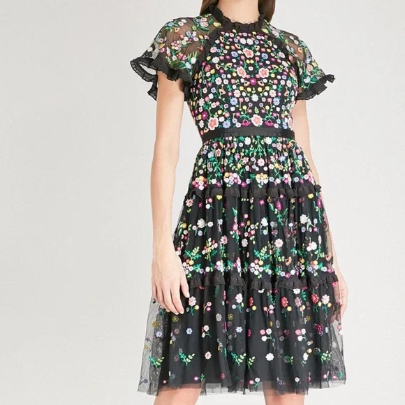 Needle & Thread Lazy Daisy Multicolor Floral Embroidered Black Midi Dress 4 - Picture 1 of 11